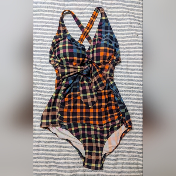 Motherhood Other - Motherhood Maternity Checkered One Piece Cross Strap Bathing Suit Orange Blue M
